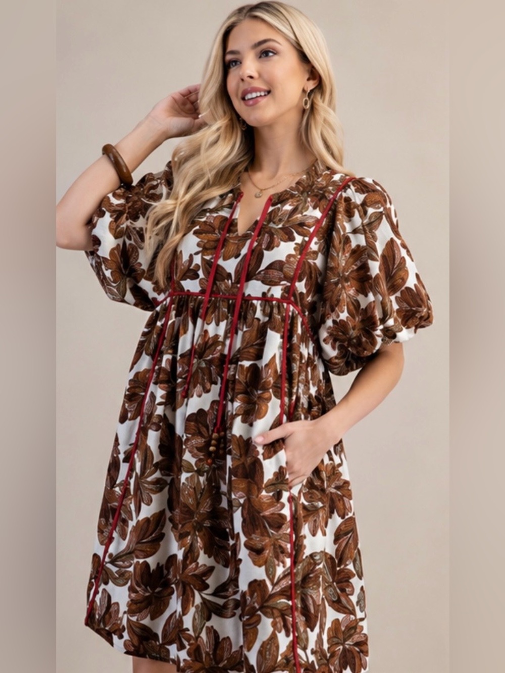 Gigio Floral Babydoll Mini Dress Medium Puff Sleeve Pockets Lined Boho NWOT